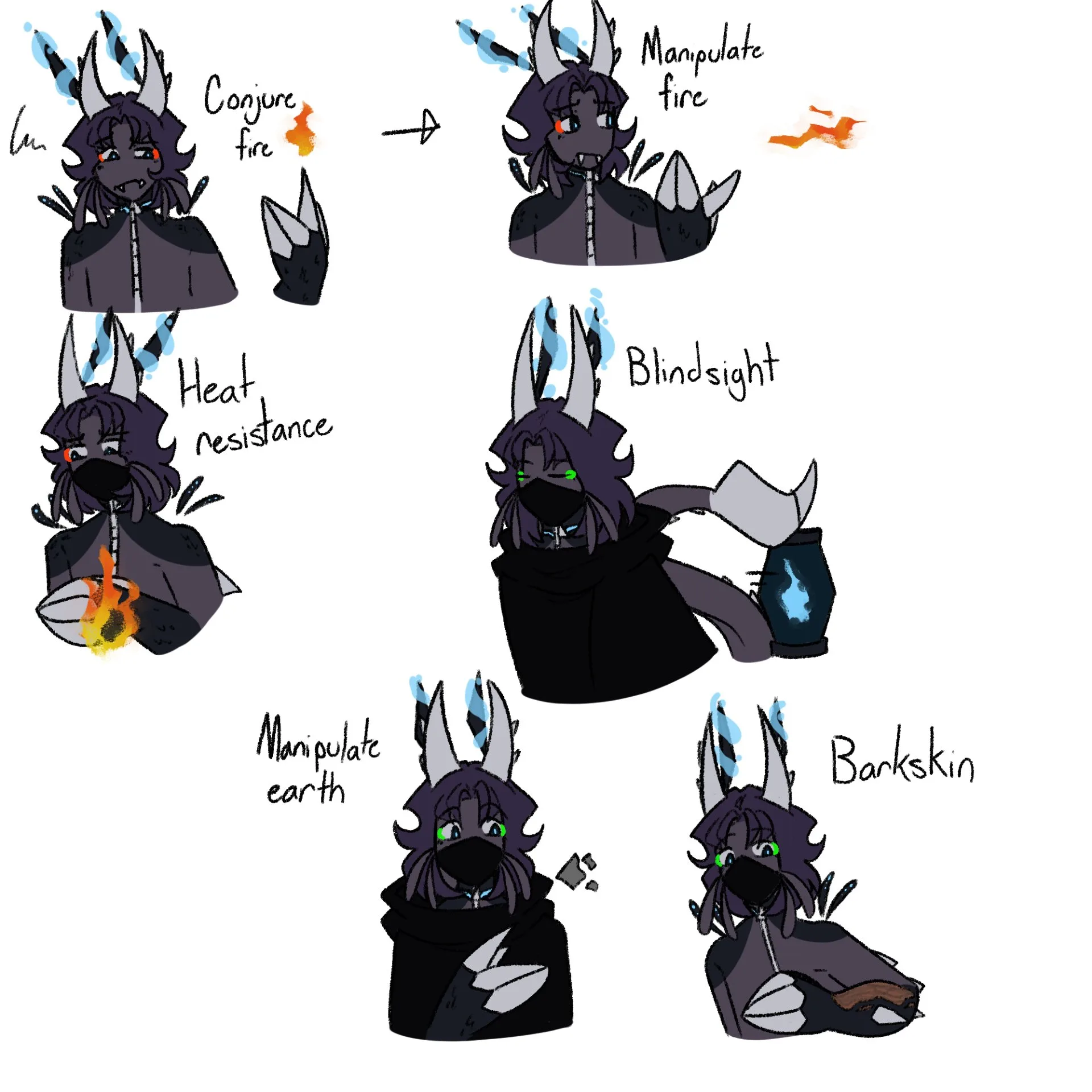 Soul Collector learning the spells Conjure Fire, Manipulate Fire, Heat Resistance, Blindsight, Manipulate Earth, and Barkskin.