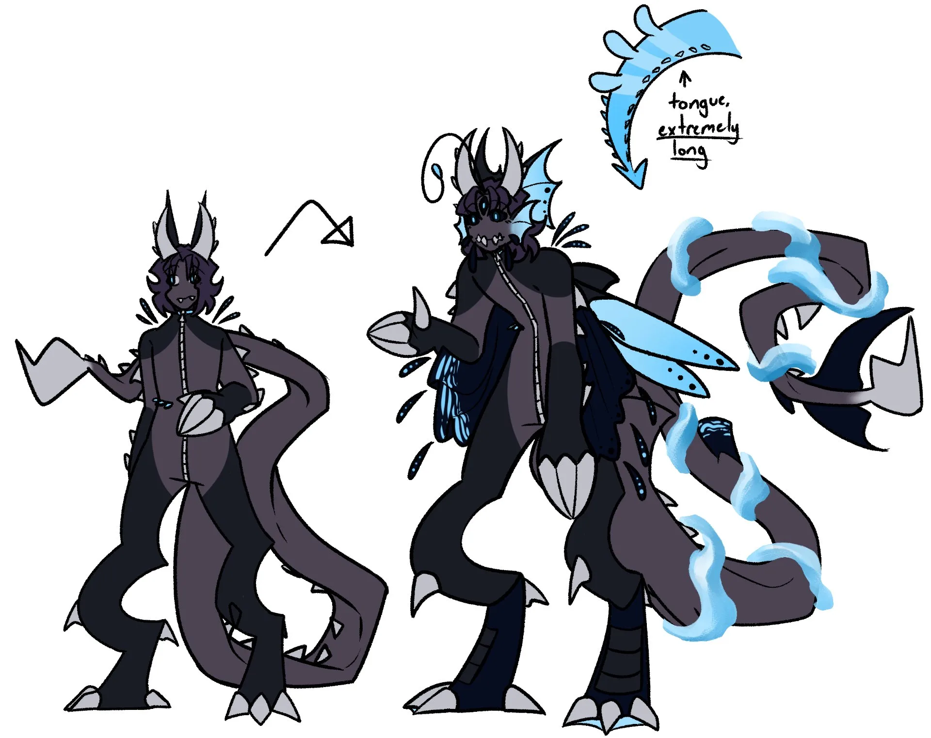 Two drawings of Soul Collector, a humanoid monster. In the first they look more 'normal' while in the second they have far more aquatic features such as fins, a more sharklike tail, and more teeth. They additionally have an anglerfish-like lure on their head and a third eye, and are far larger.