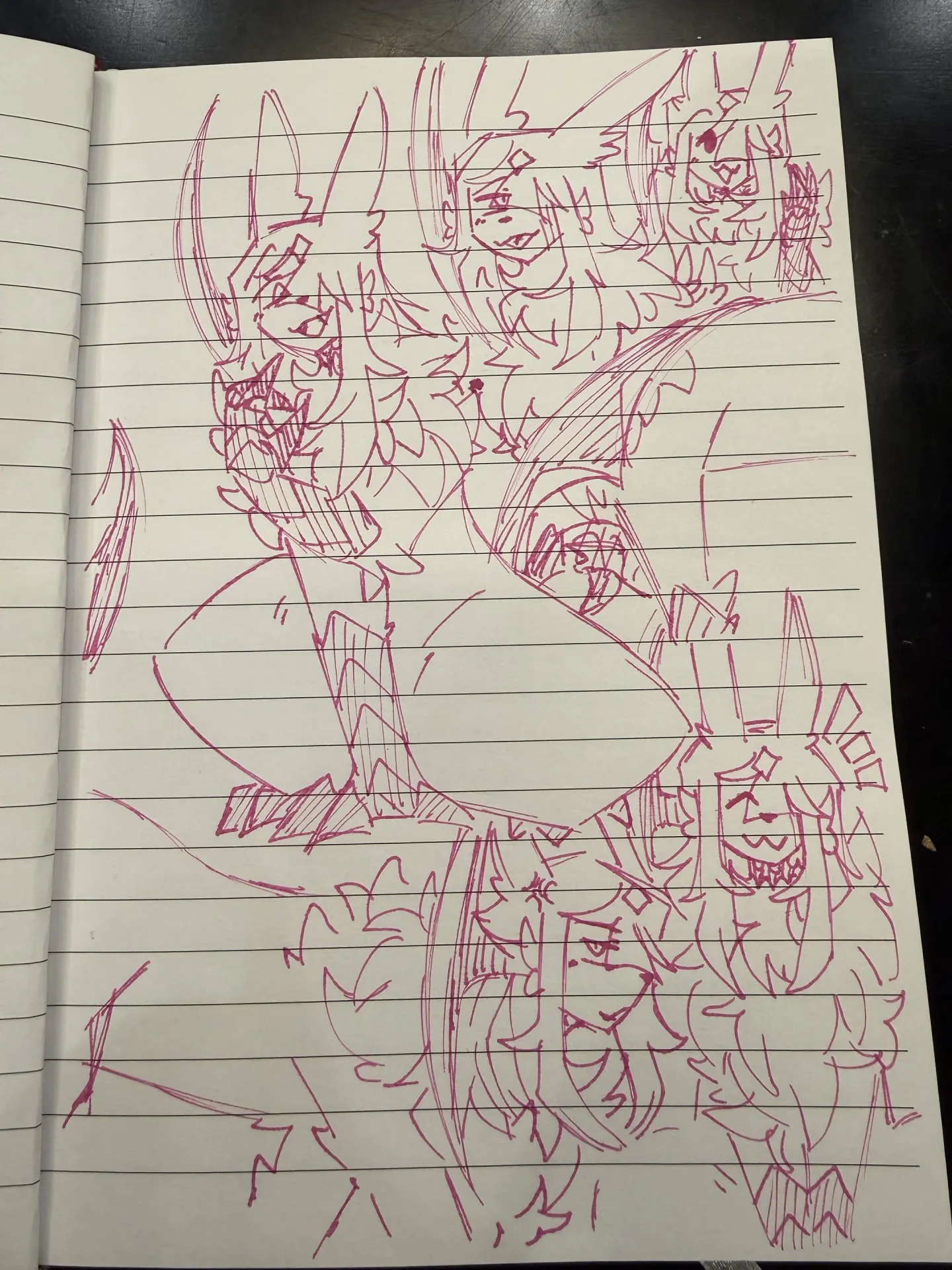Many doodles of Cyprus, an Absol/Eevee hybrid, in a magenta purple ink. Her expressions range from genuinely joyous, to smug, to mildly annoyed, though in all of them she's smiling.