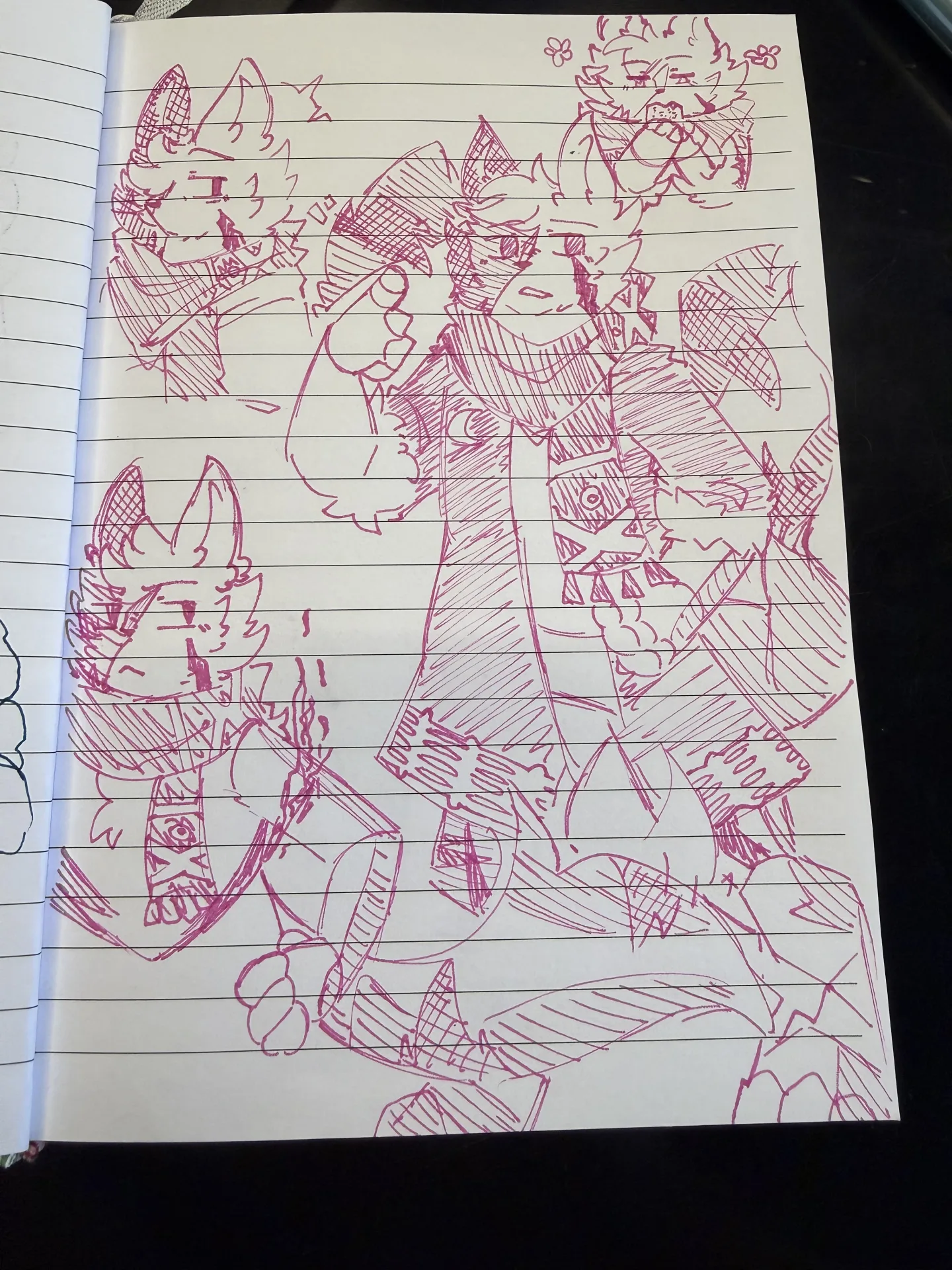 Various doodles with purple ink of Sonnet, an anthro feline construct.
