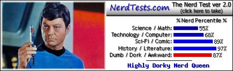 NerdTests.com says I'm a Highly Dorky Nerd Queen. Click to take the Nerd Test, get geeky images and jokes, and write on the nerd forum!