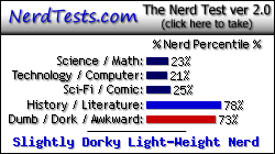 NerdTests.com says I'm a Slightly Dorky Light-Weight Nerd.  Click here to take the Nerd Test, get geeky images and jokes, and talk to others on the nerd forum!