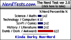 NerdTests.com says I'm a Kinda Dorky Non-Nerd.  Click here to take the Nerd Test, get geeky images and jokes, and write on the nerd forum!