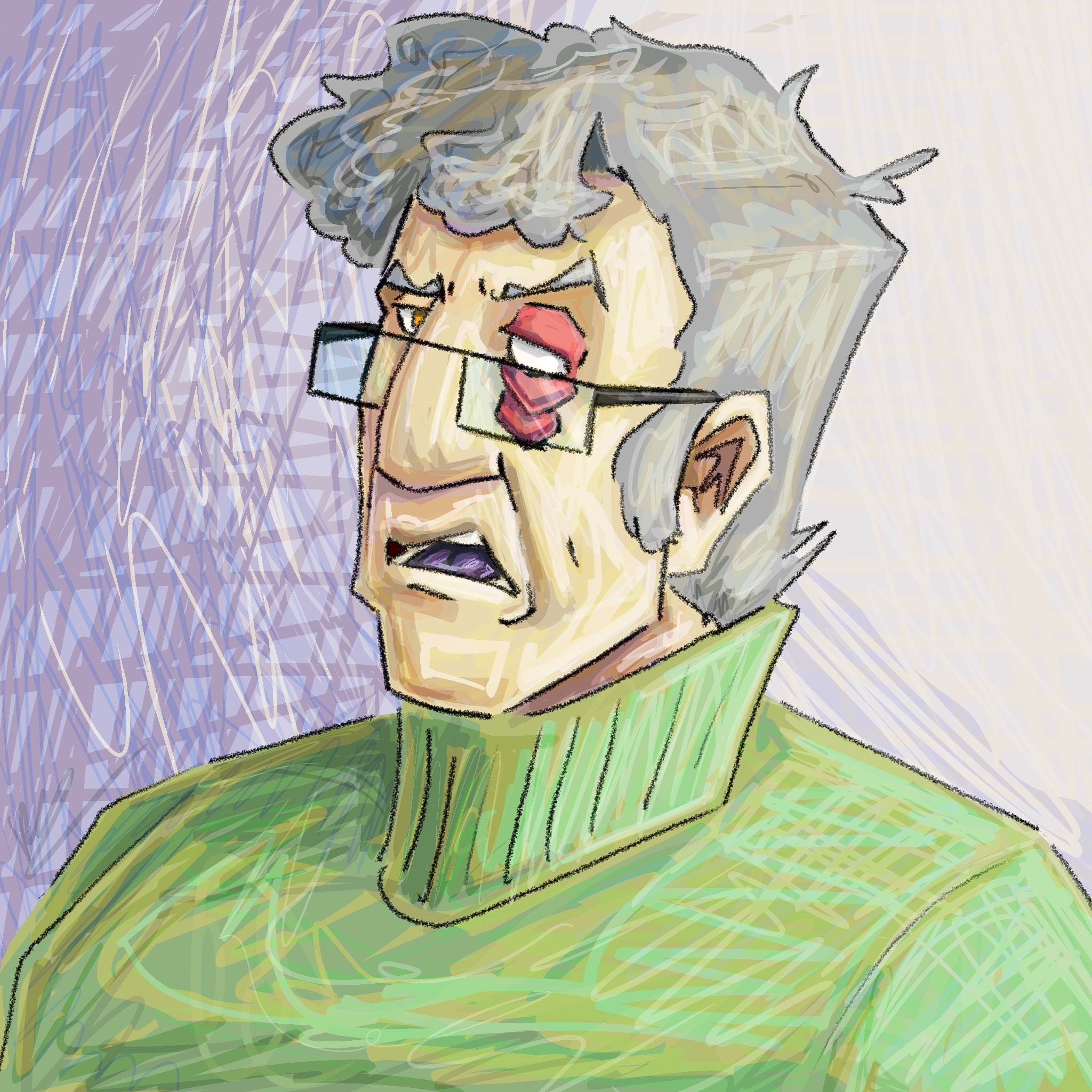 middle aged man with a bloated scar on his left pupil-less eye, wearing glasses and a green turtleneck