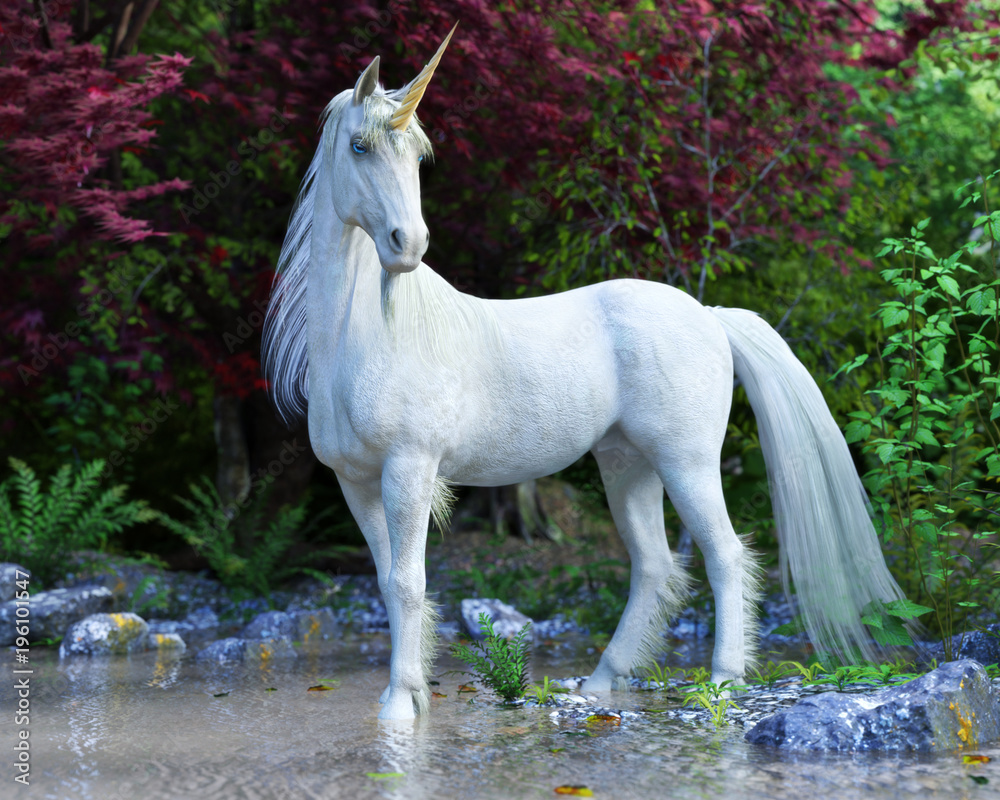 Poster, Print Majestic Unicorn posing in an enchanted forest, 40x30 cm