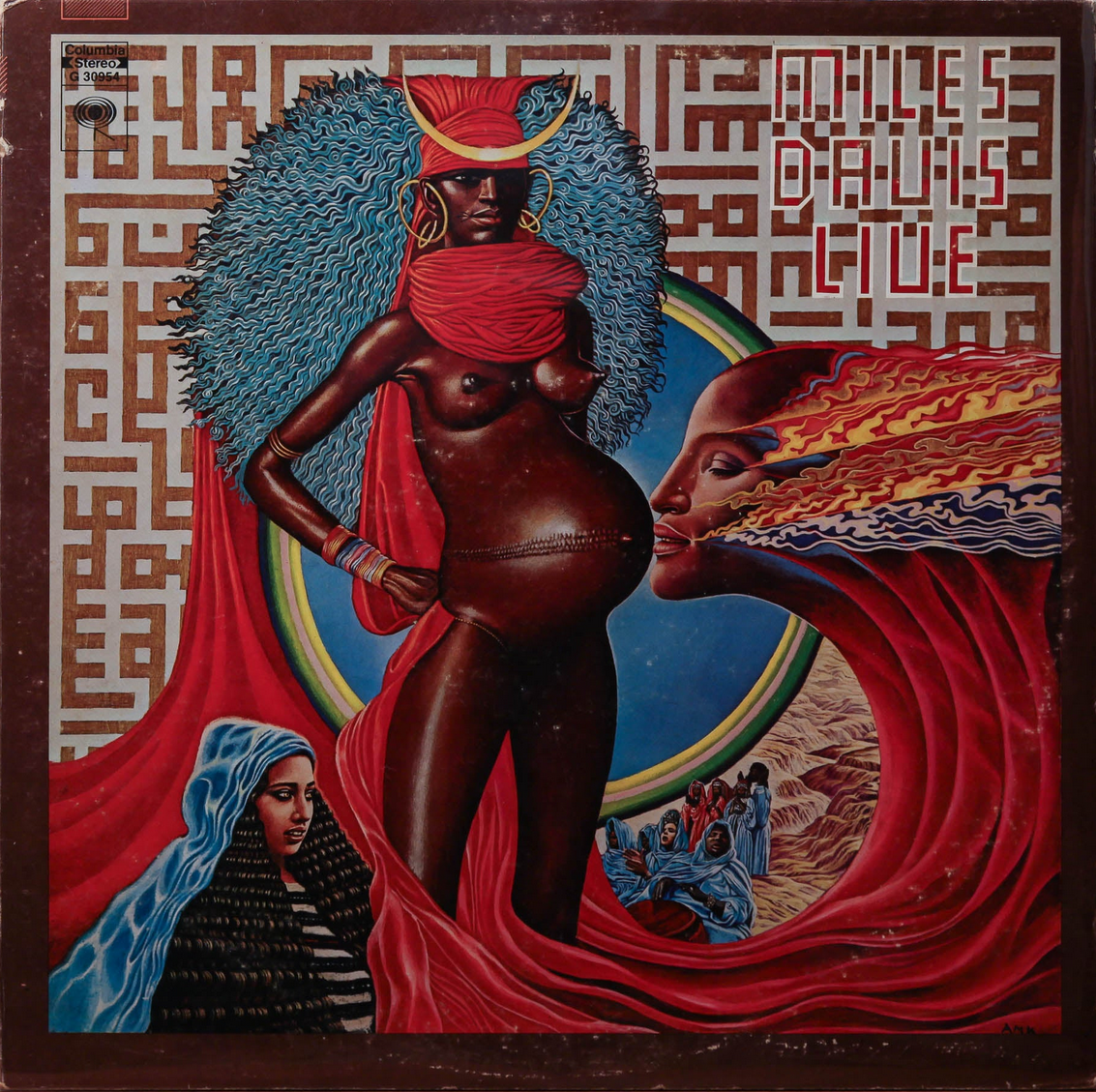 The cover art of Miles Davis' album "Live-Evil." It depicts a nude pregnant black woman with long, blueish curls surrounded by various psychedelic imagery.