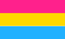 A rectangular flag with three equal width horizontal stripes: pink, yellow, blue