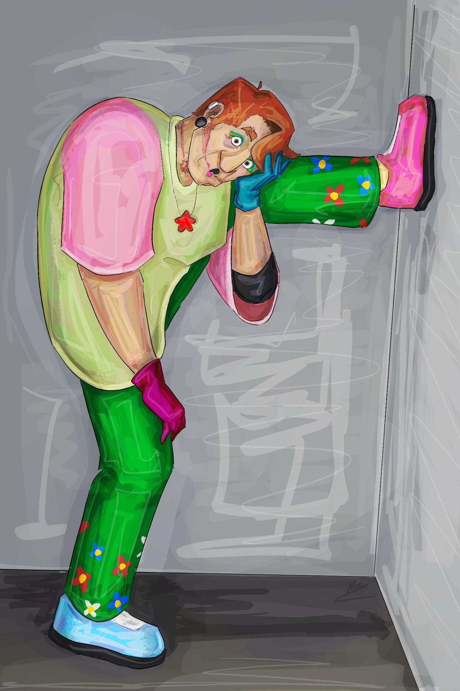 a scarred man in a very colorful outfit with his leg contorted to be up against the wall