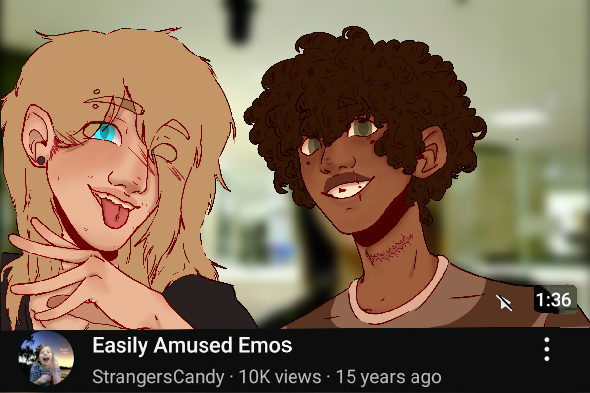 a recent piece of my ocs, Tate (left side, he/him) and Gabbie (right side, she/her)