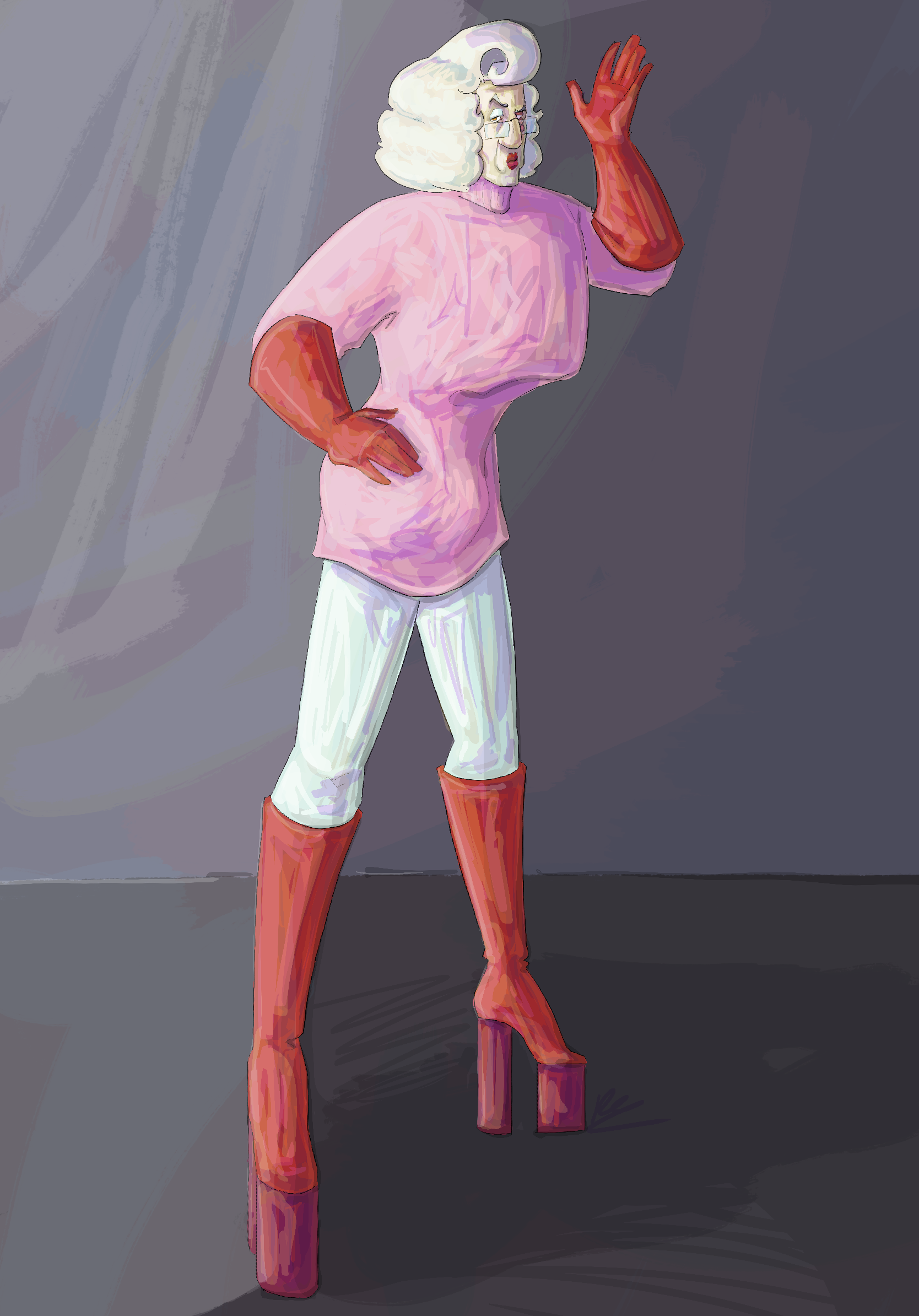 a middle aged man with a bloated eye scar dressed in a large blonde dolly parton wig, a short pink dress, white tights, red gloves, and knee-high heeled boots