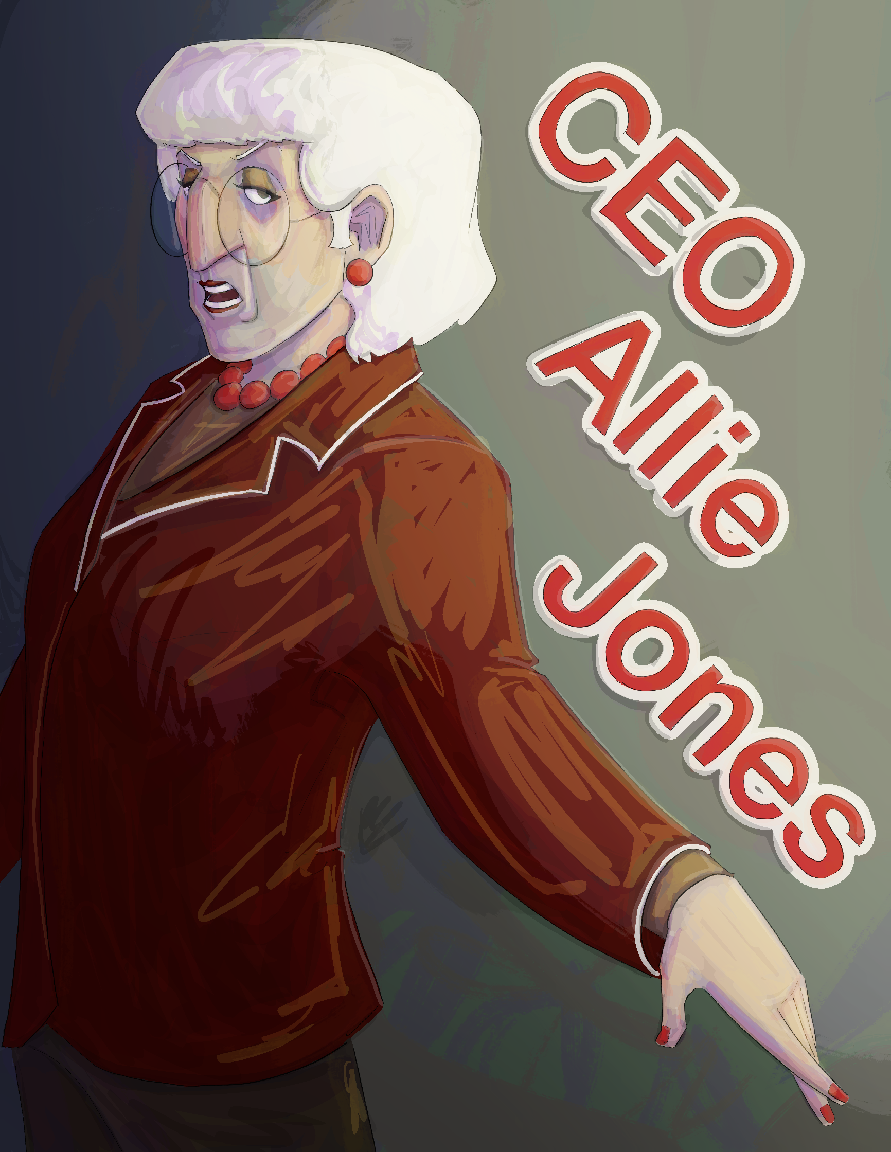 a grey-haired lady in a red suit with glasses next to the text "ceo allie jones"