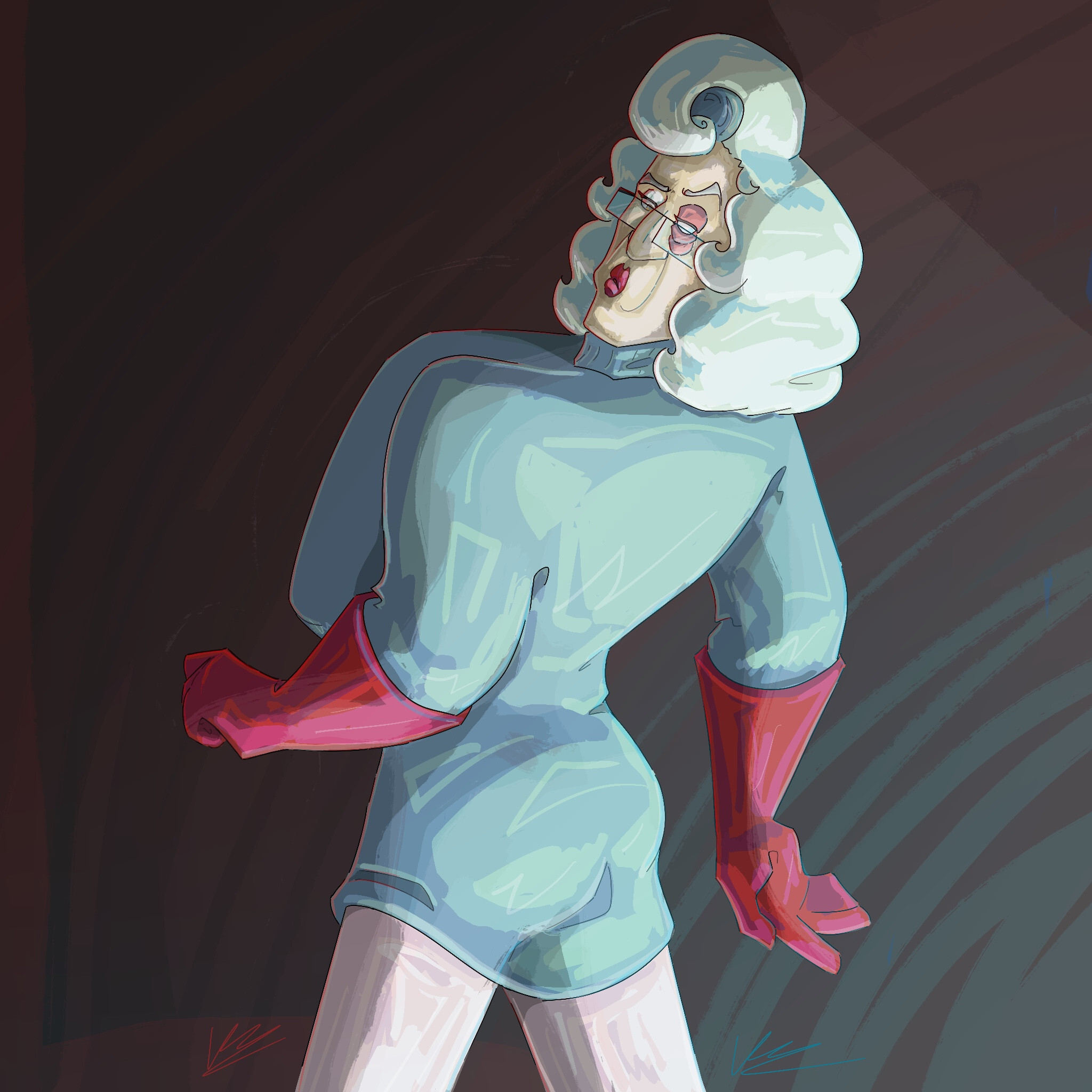 an older man with a bloated eye scar in a dolly parton blonde wig, short blue dress, white tights, and red gloves