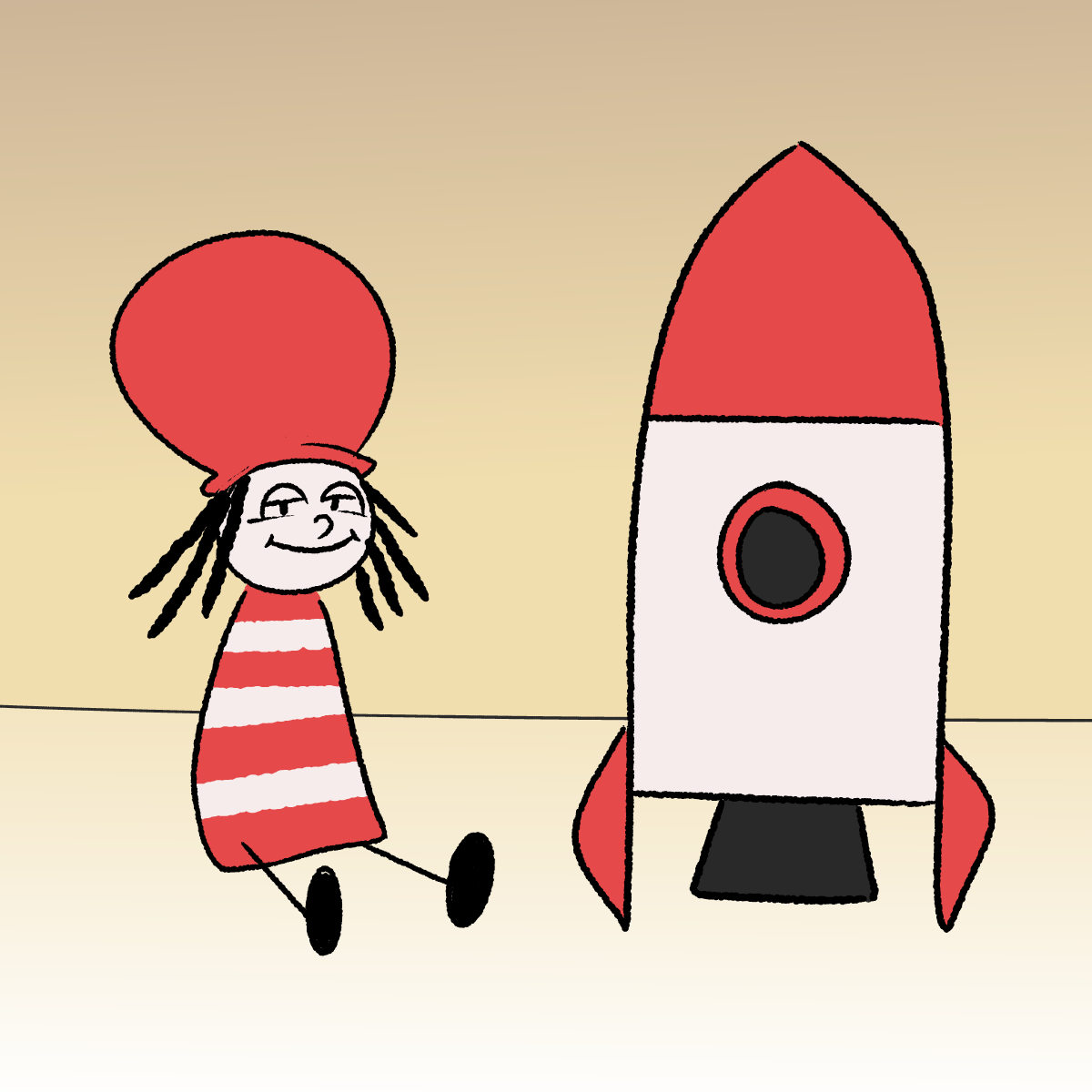 drawing of a boy in a striped shirt and a cartoonishly big red beanie next to a rocket