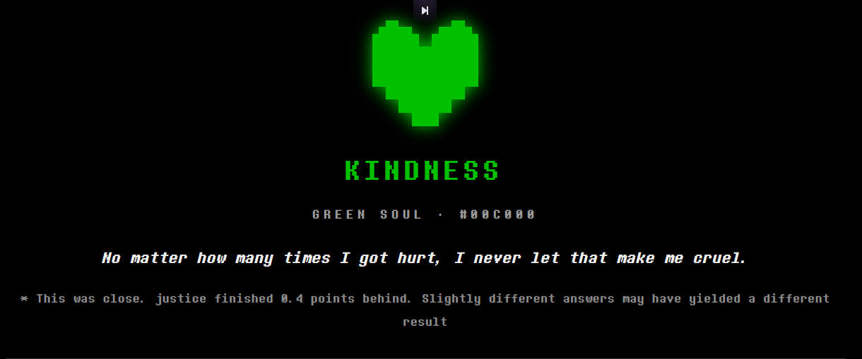 alot of people got kindness. i did too, but its pretty much justice too Lol