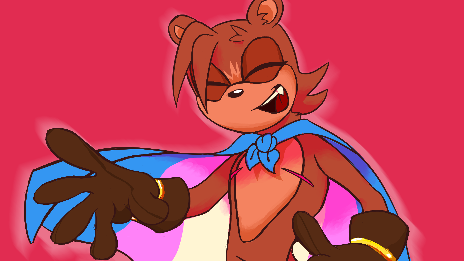Jaz the otter smiling, wearing a trans flag tied around the neck.