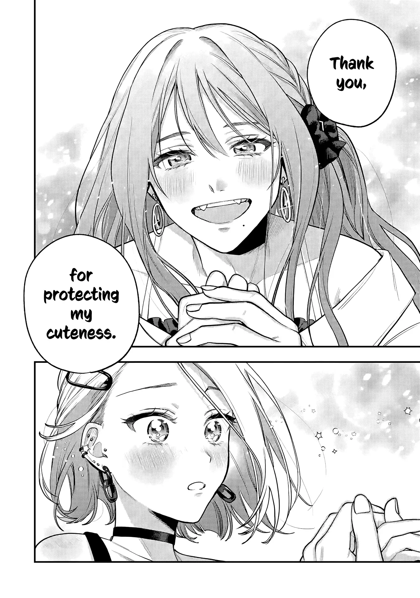 girl 1 sparkle eyed: thank you, for protecting my cuteness. to girl 2. both are blushing with sparkles around them