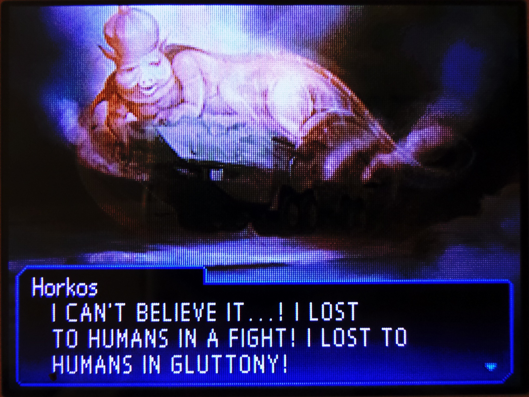 horkos: I CAN'T BELIEVE IT...! I LOST TO HUMANS IN A FIGHT! I LOST TO HUMANS IN GLUTTONY!