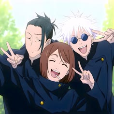 This may contain: three anime characters are posing for the camera