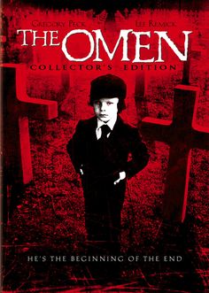 This may contain: the book cover for the omen, featuring a young boy standing in front of crosses