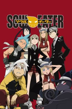 This may contain: some anime characters are posing together for a group photo in front of a red background