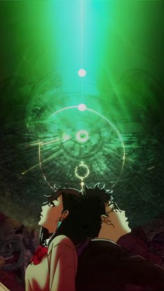 This may contain: two anime characters staring at each other in front of a green and white background with circles