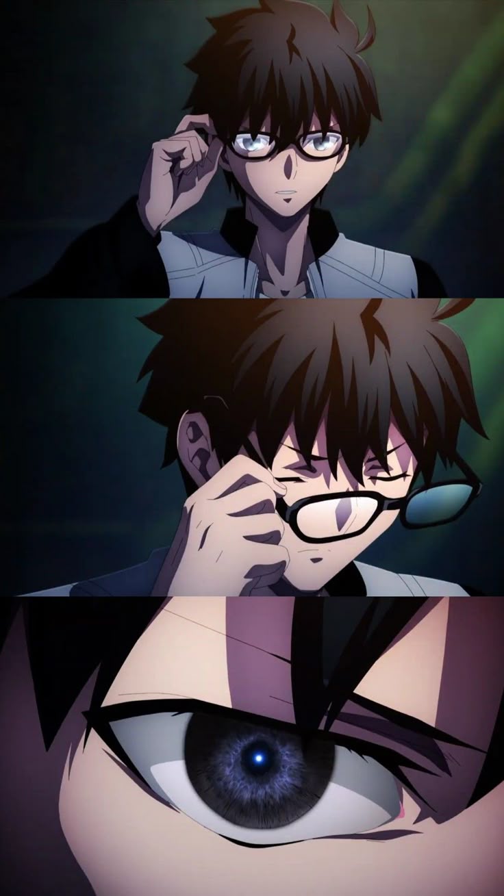 This may contain: two anime characters one with glasses and the other with an eye looking up at something