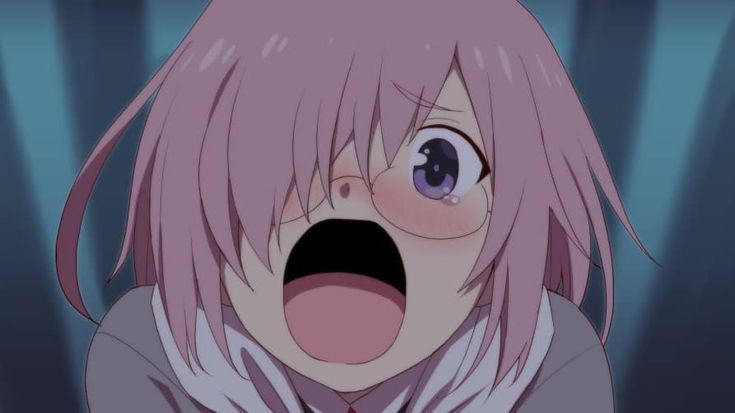 This may contain: an anime character with pink hair and blue eyes is making a face while looking at the camera