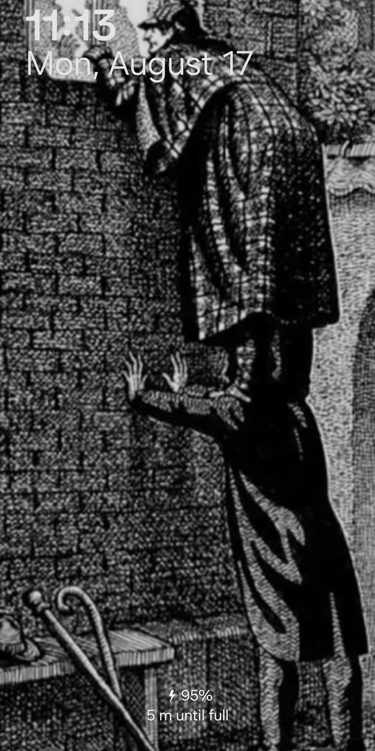 black and white ilistration of sherlock holmes standing on watsons shoulders to look into a window