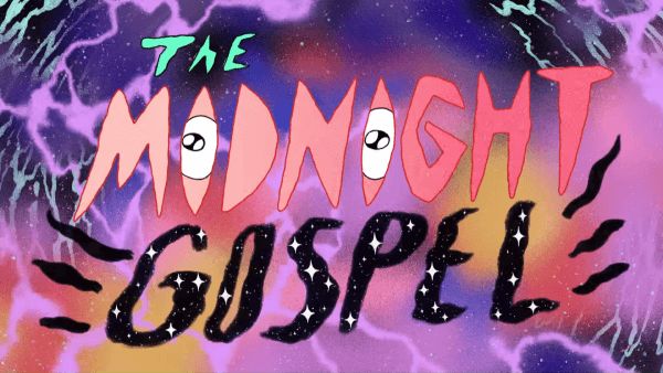 This may contain: the midnight gospel logo on a tie dye background with stars and lightning in the sky