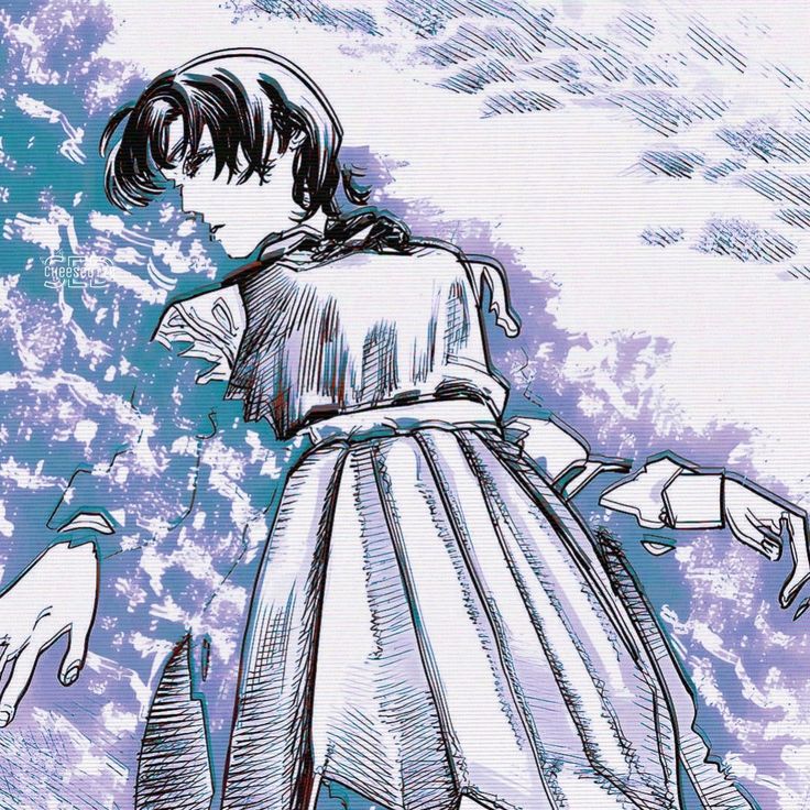 This may contain: a drawing of a woman in a dress with her hands out to the side, and another hand reaching for something