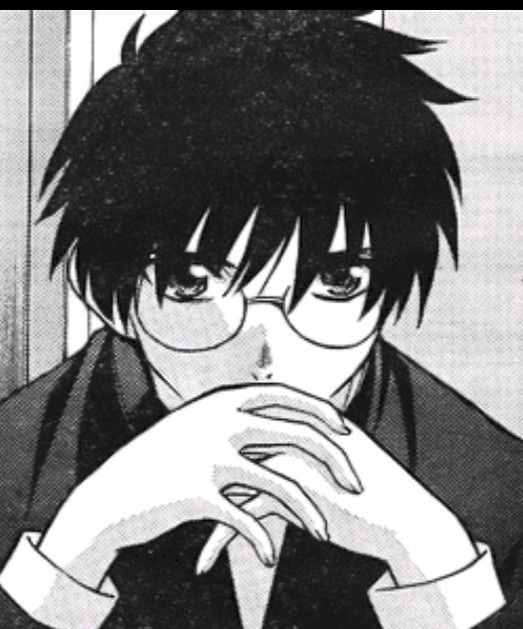 This may contain: an anime character with black hair and glasses holding his hand to his face while looking at the camera
