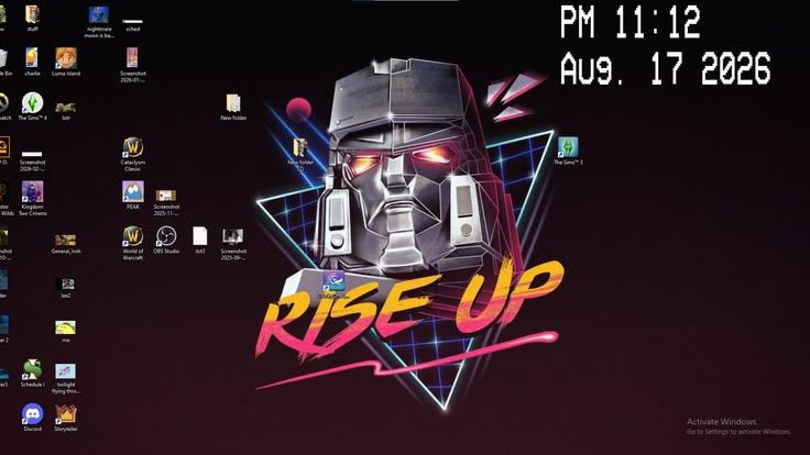 a screengrab of my pc, all my apps, some  pics, and then my wallpaper, megatrons face, it says rise above. and it has a purple hazy back ground