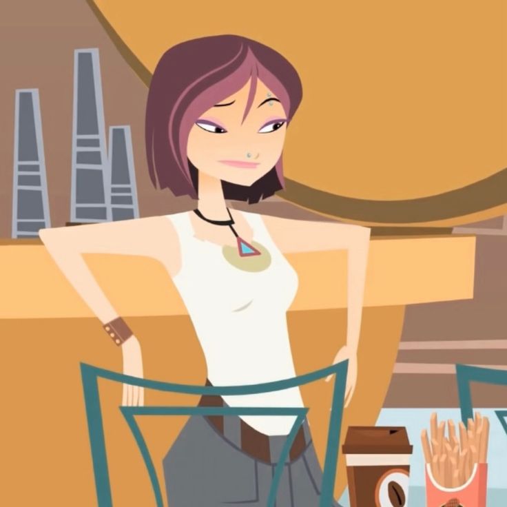 This may contain: a woman standing in front of a table filled with fries and sodas while wearing a necklace