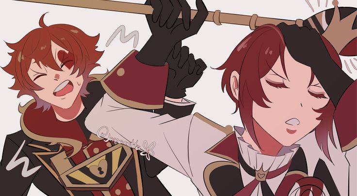 This may contain: two anime characters one with red hair and the other wearing black holding a baseball bat