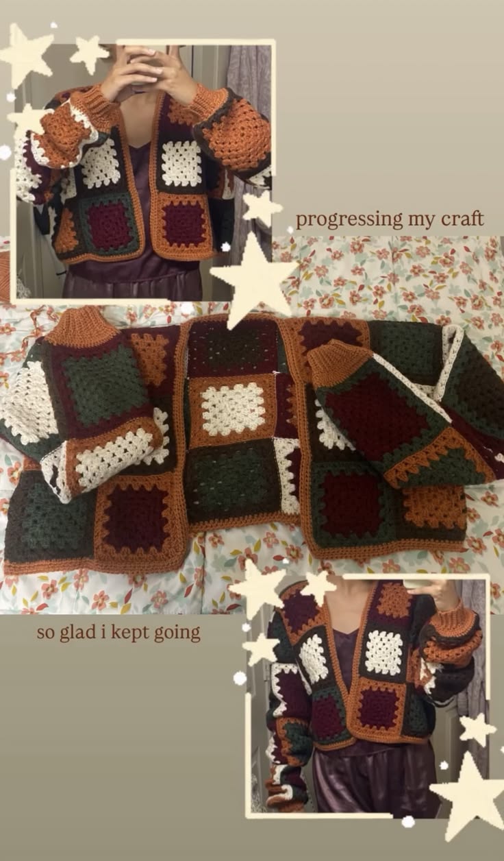 A collage of the finished autumn-colored granny square sweater