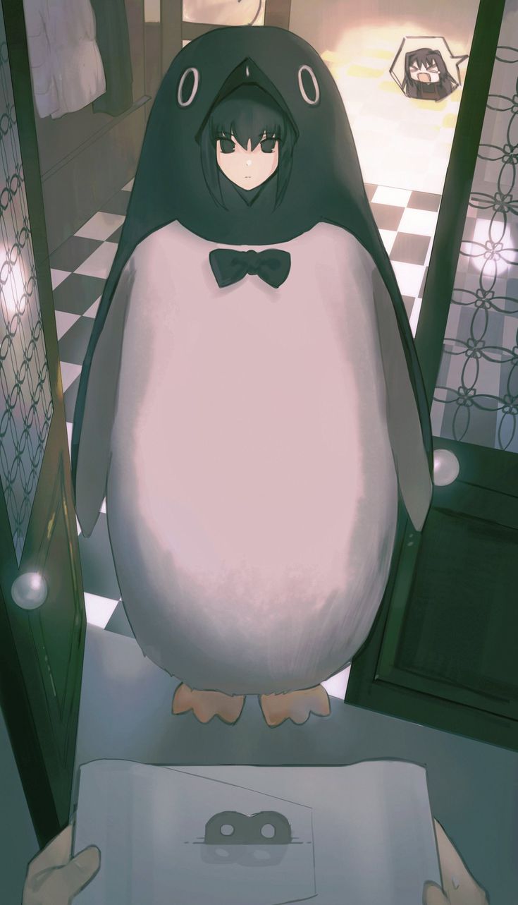 This may contain: a penguin with a bow tie standing in front of a mirror