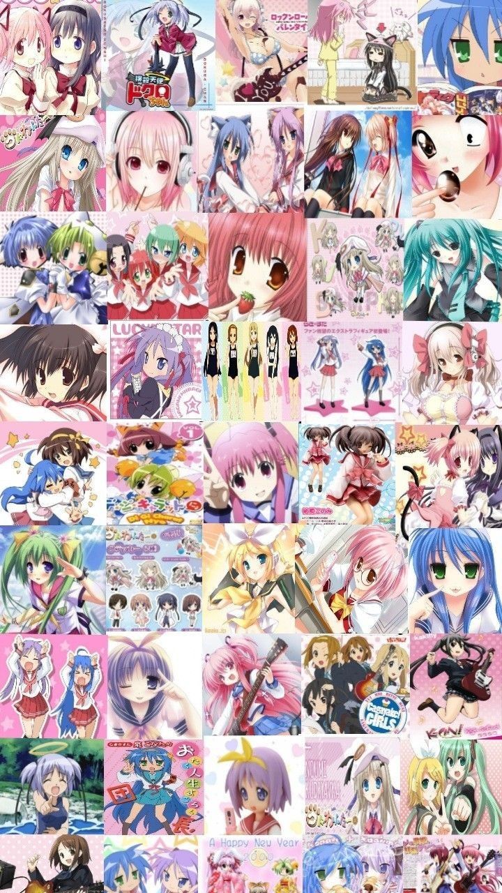 This may contain: many different anime characters with pink hair and blue eyes, all looking like they're from