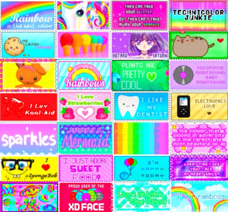 This may contain: a collage of colorful images with different words and pictures on them, including rainbows