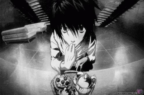 This may contain: an anime character sitting on the ground with his hands in his face