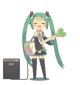This may contain: the girl is playing her guitar and singing with an amp in front of her,
