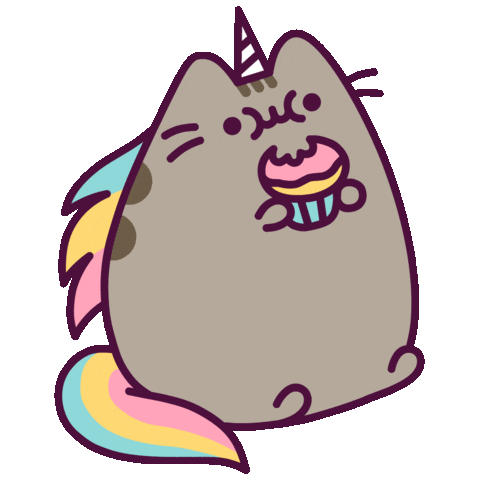 This may contain: a cat with a cupcake in its mouth and a unicorn tail on it's back