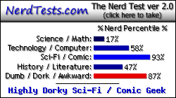 NerdTests.com says I'm a Highly Dorky Sci-Fi / Comic Geek.  Click here to take the Nerd Test, get geeky images and jokes, and talk to others on the nerd forum!