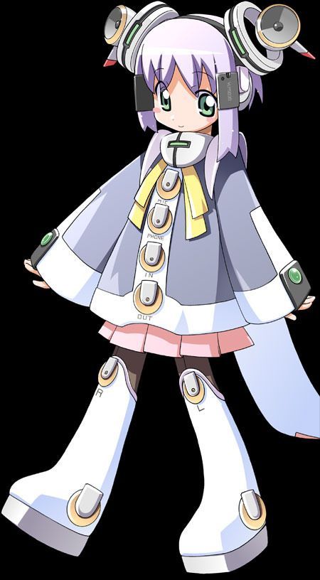 This may contain: an anime character wearing headphones and a dress with buttons on her ears, standing in front of a black background