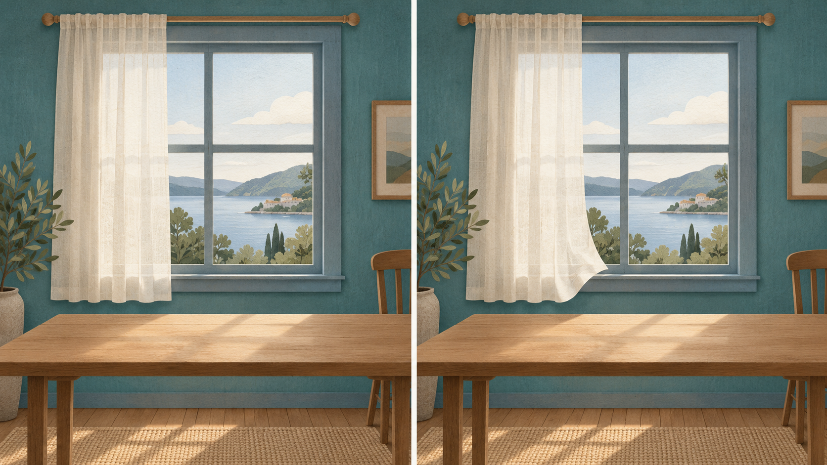 Two matching window storyboard frames show the same pale curtain hanging nearly still, then lifted slightly inward at the lower corner.