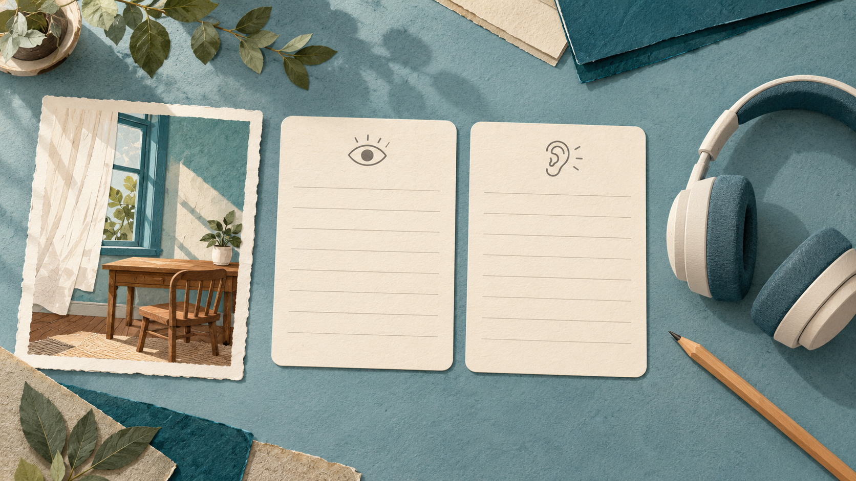 An illustrated workspace pairs a window storyboard with separate blank picture and sound note cards and a pair of headphones.