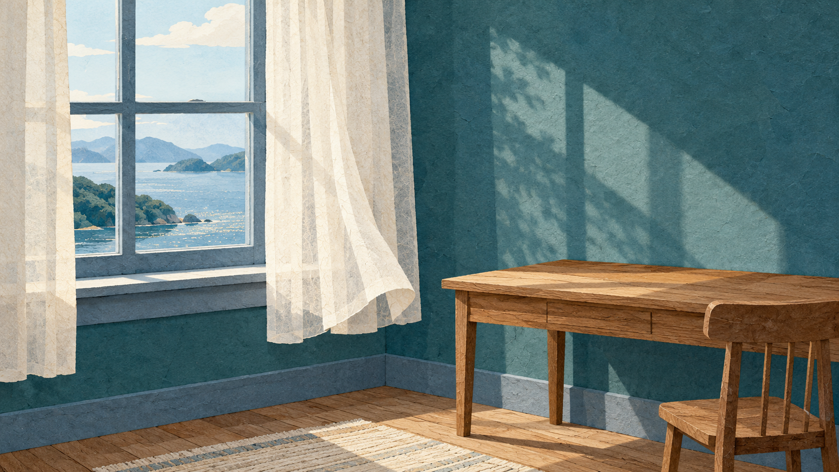 Editorial paper-textured illustration of a quiet window with a pale curtain, teal wall, and small empty desk beneath it.