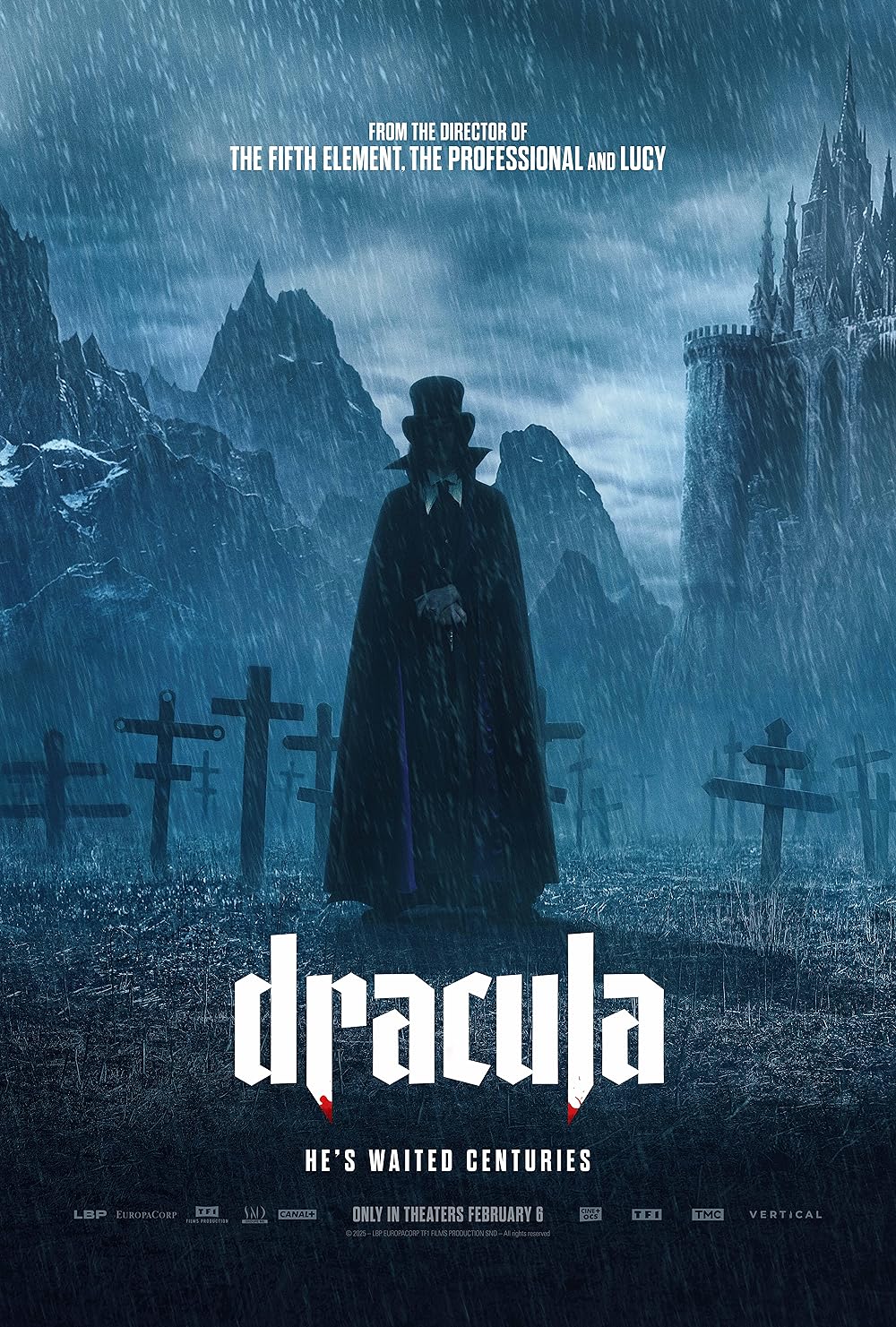 dracula 2025 movie poster. its dracula standing menacingly in a cemetery