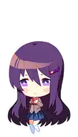 a drawing of a girl with long purple hair and blue socks