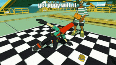 a cartoon character on a checkered floor with the words get jiggy with it on the bottom