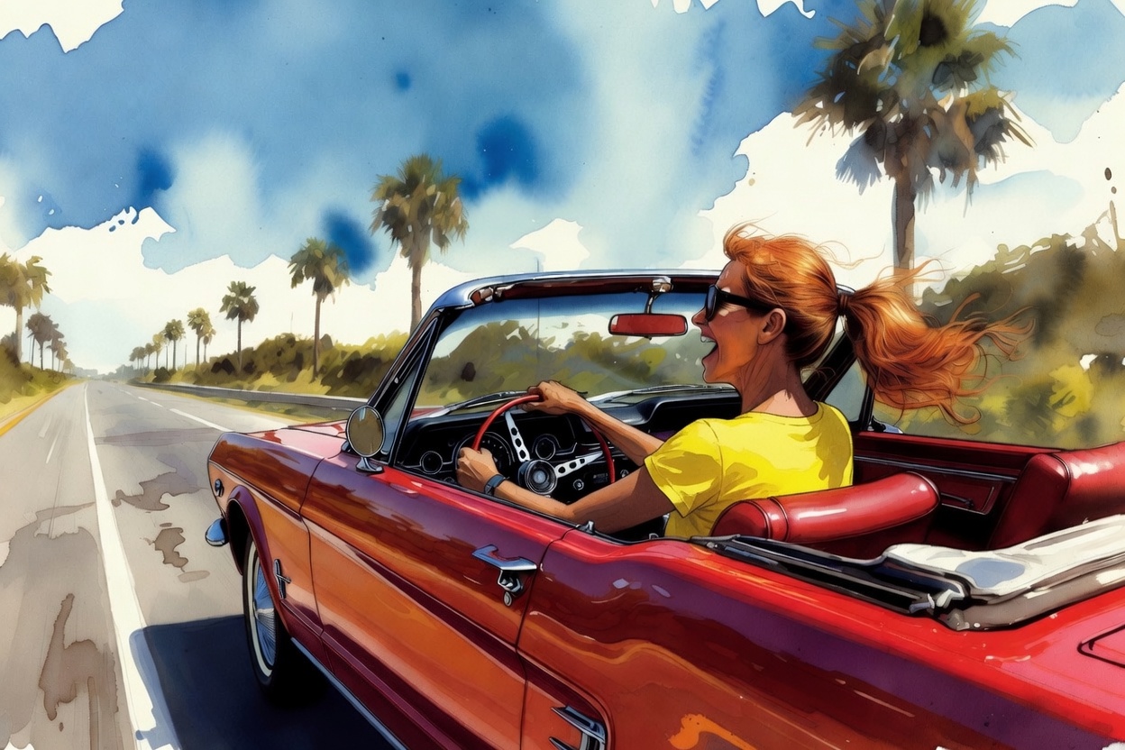 Watercolor of a red haired woman driving a red convertible down a Florida highway